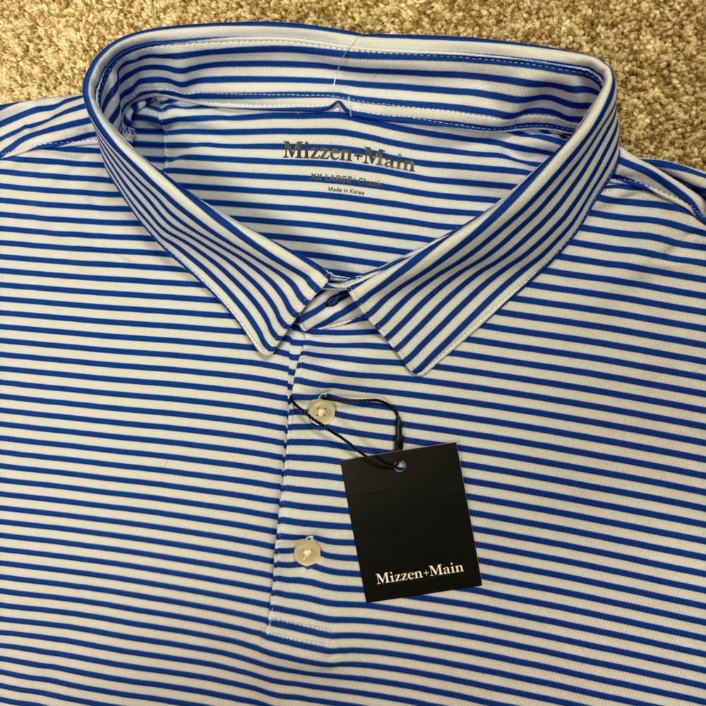 NEW Mizzen+Main Versa Polo Shirt Mens XXL Blue White Striped Classic Performance